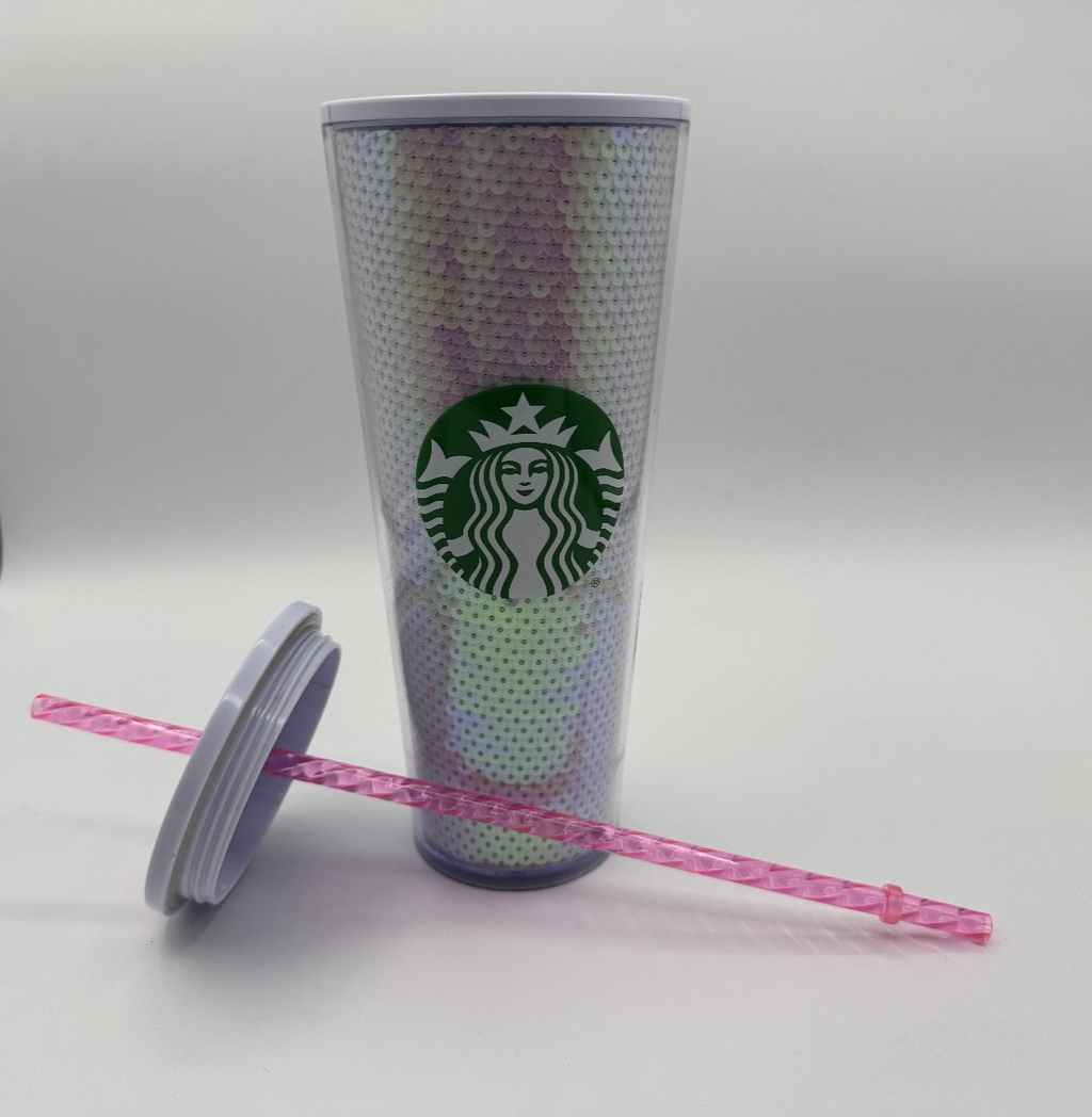 Starbucks 2020 Holiday White Pink Sequins 24oz  Cup Tumbler w/ New Straw