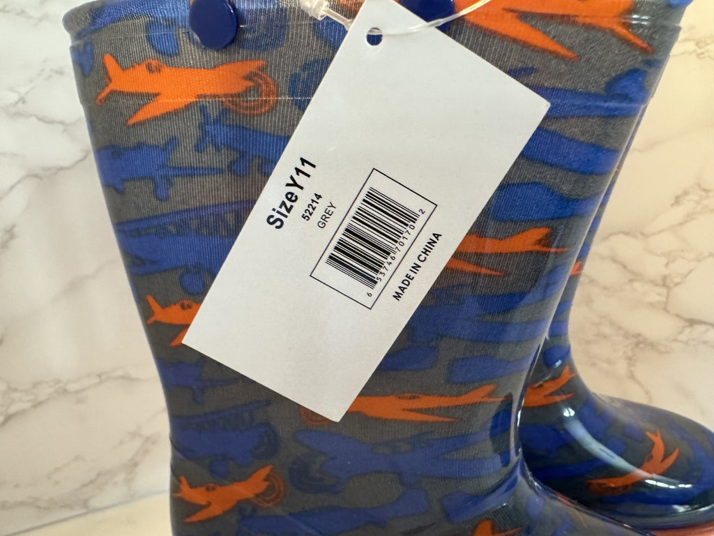 Lilly New York Rain Boots w/ Handle Youth Size 11 Orange & Blue with Airplanes