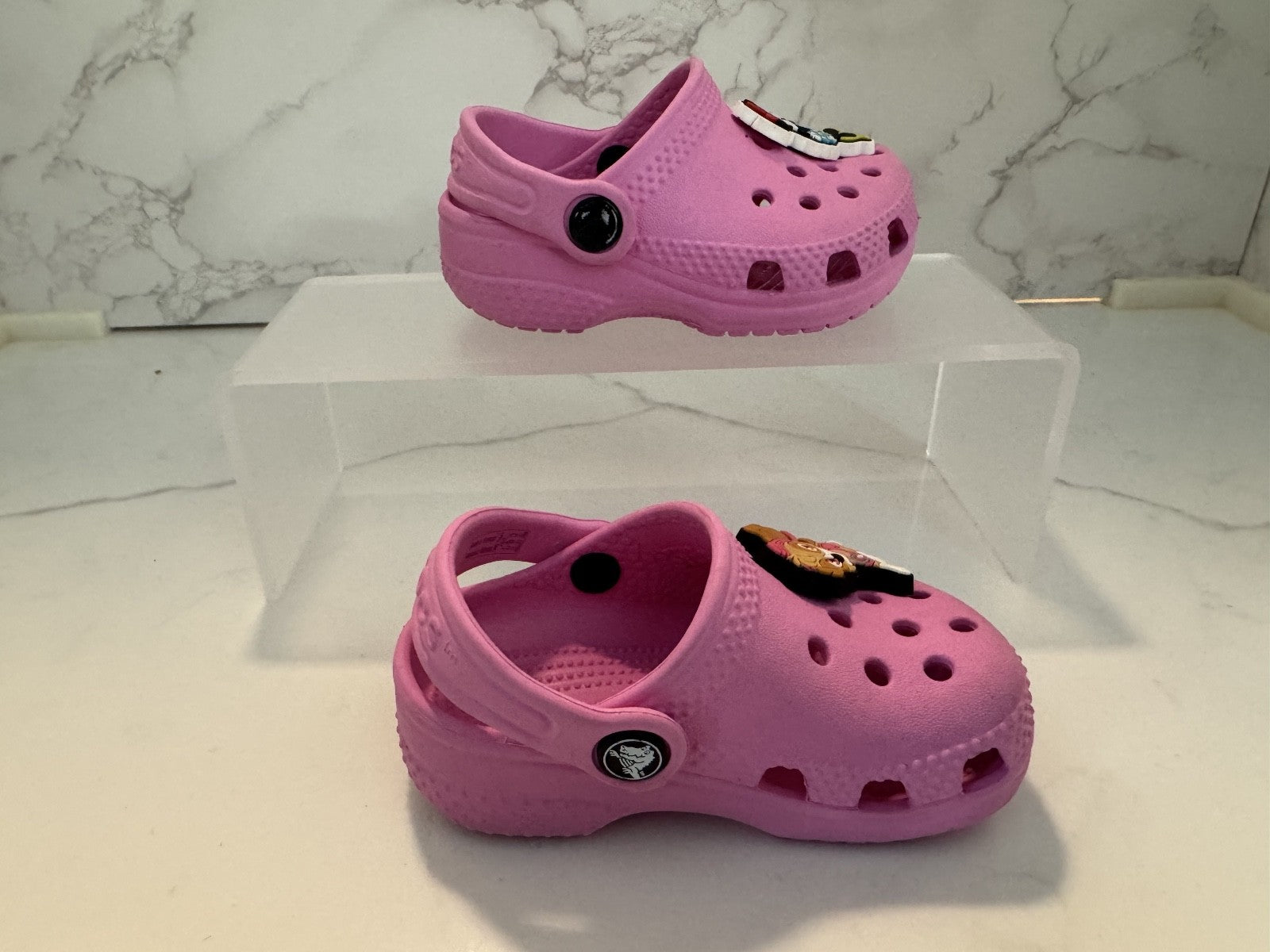 Crocs Kids Sz 2-3 Pink Rubber Slip On Round Toe w/ Minnie & Paw Patrol Charms