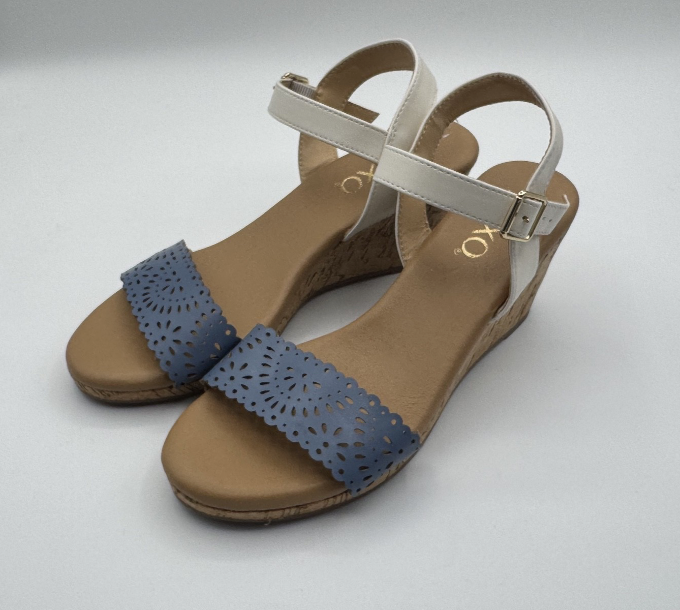 XOXO Woman's Wedge Sandal, Blue, White, Tan, Size 8M