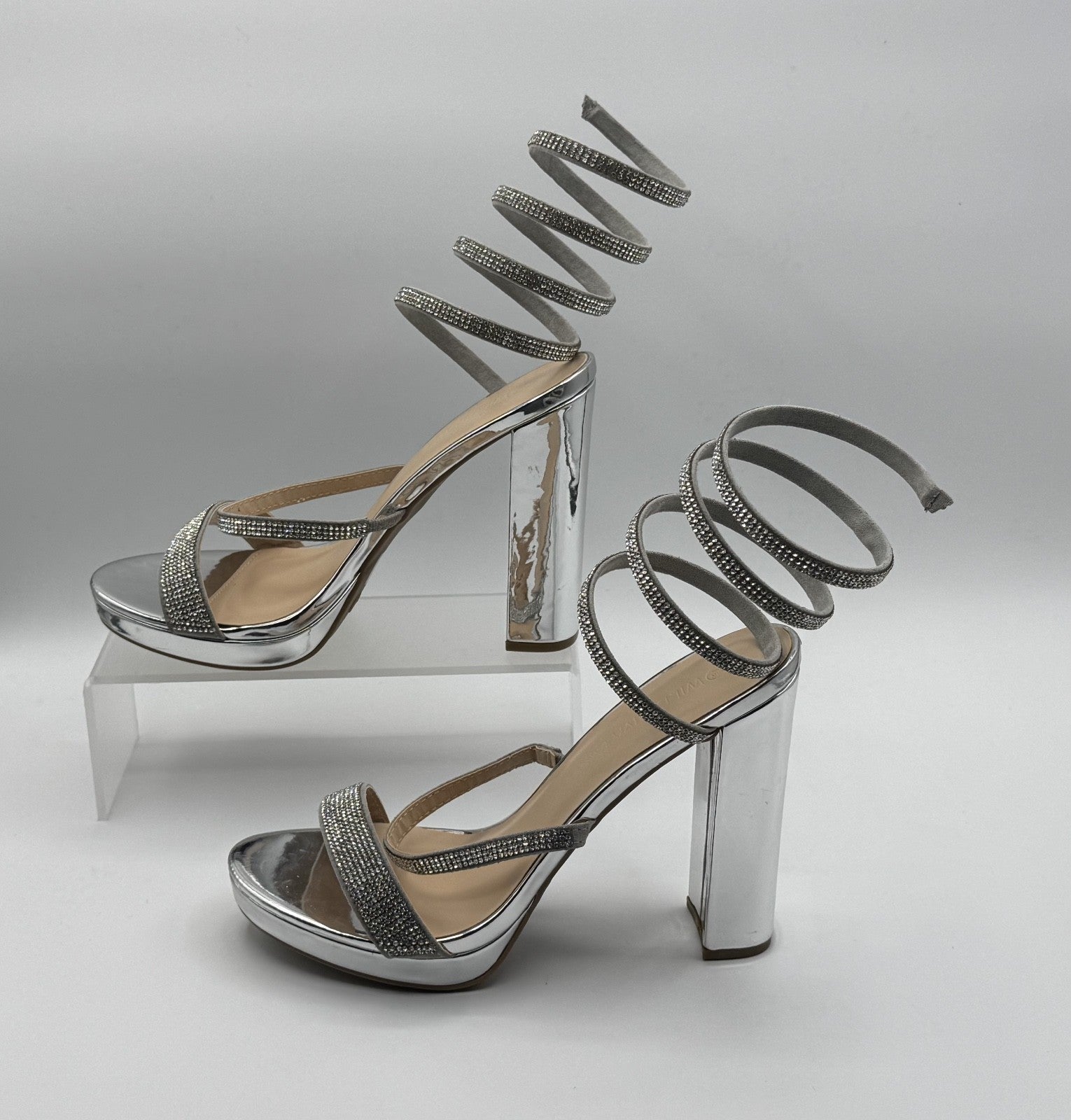 Wild Diva Lounge Spiral Rhinestone Strappy Ankle Chunky Block Heels - Silver