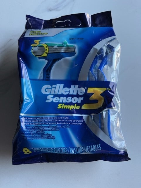 3 pk- Gillette Sensor 3 Simple Disposable Razor Blades Shavers, 24 total blades