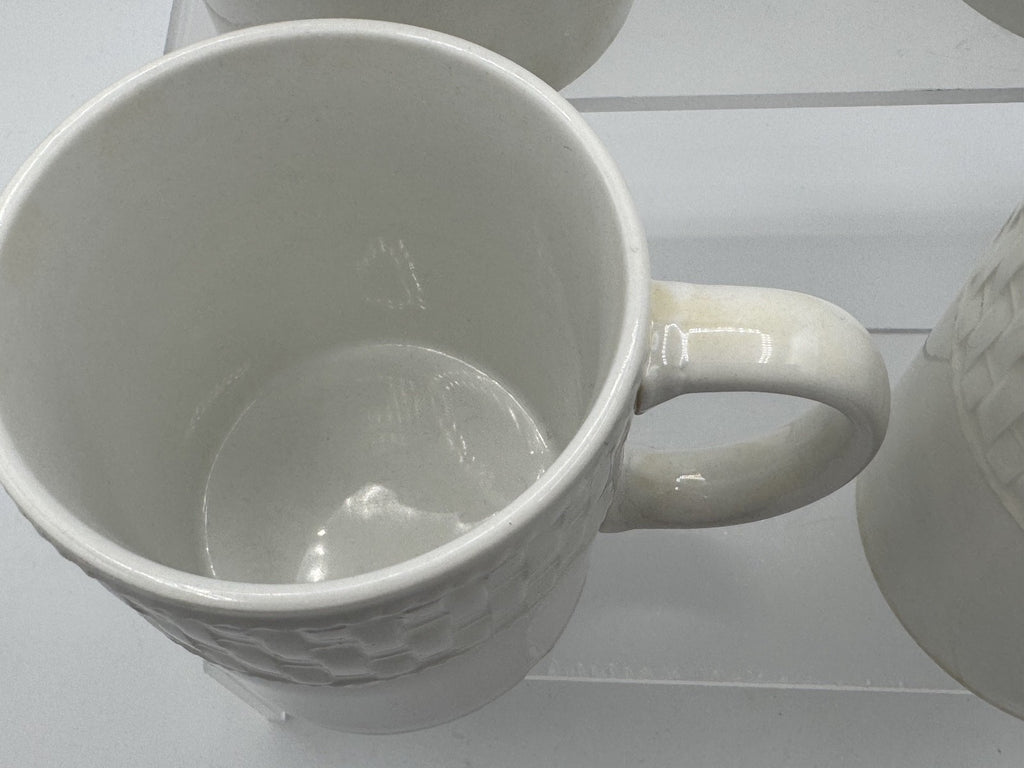 4- Vintage Waverly Mugs Fine White Porcelain Basket Weave Pattern Pre-owned