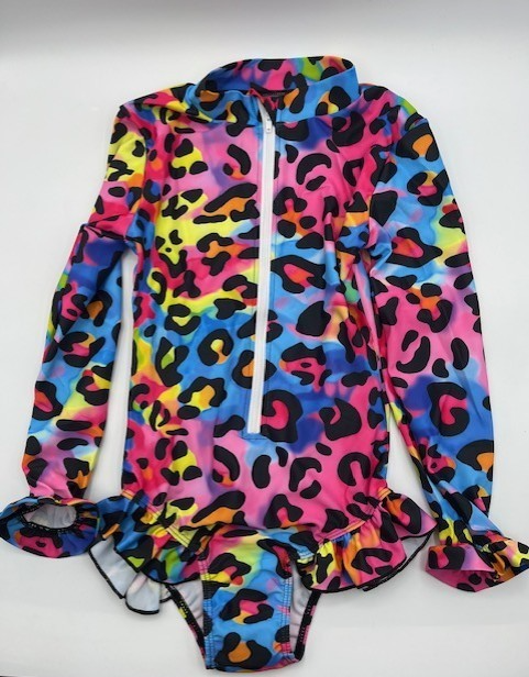 Girl Long sleeve One-piece Multicolor Zipper Swimsuit w/Animal Print 8-10yr. NEW