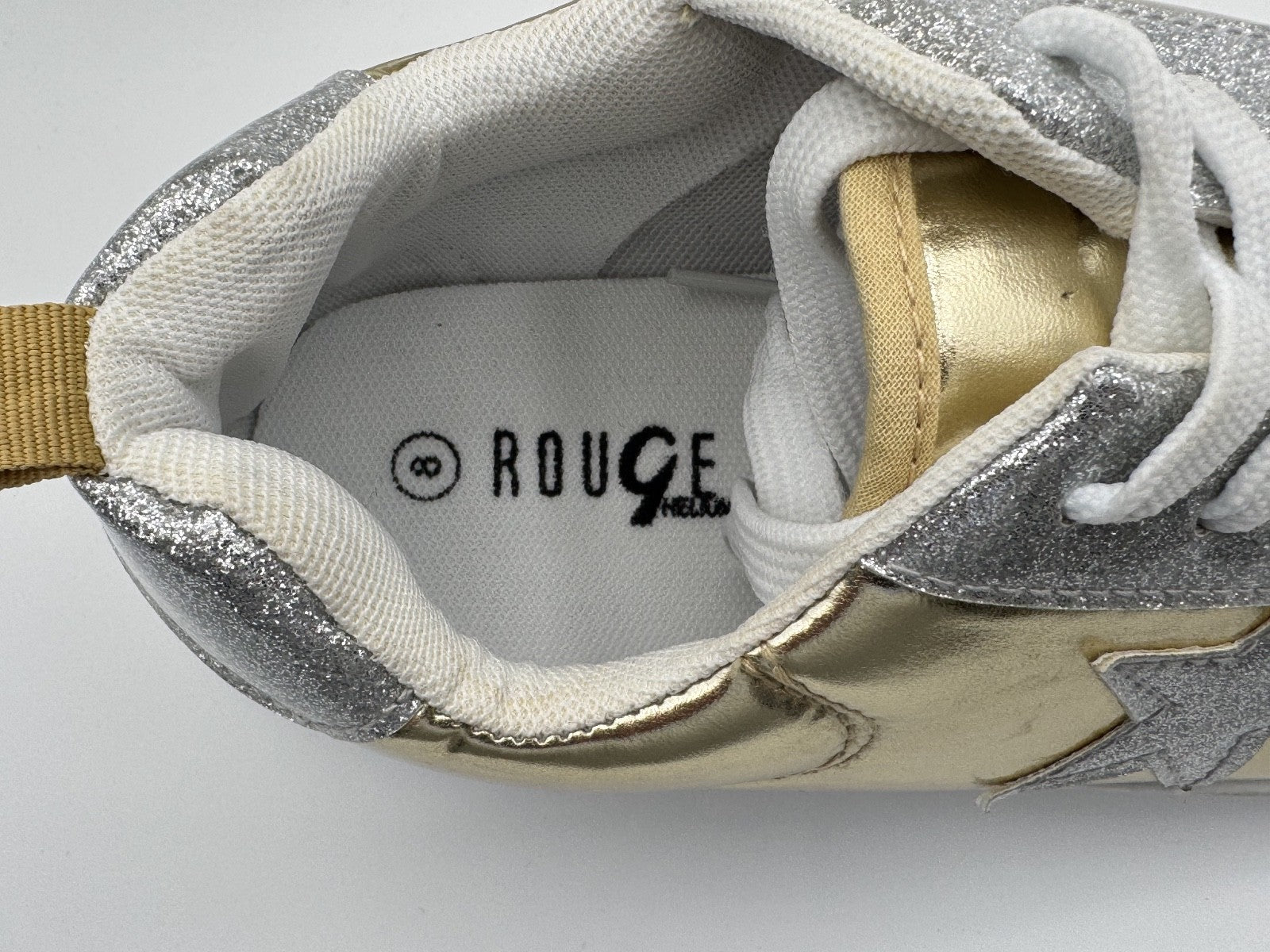 Rouge Helium Gold Silver Star Woman's Sneaker, Size 8 Style Sheen-01, NEW
