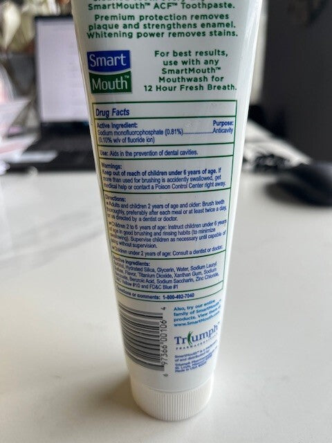 Smart Mouth, Whitening, Toothpaste w/Fluoride, Smart Zinc, Clean Mint 6oz Sealed