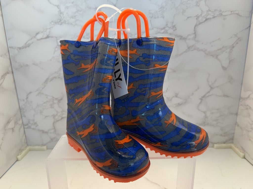 Lilly New York Rain Boots w/Handle Youth Size 8 Orange & Blue with Airplanes NEW
