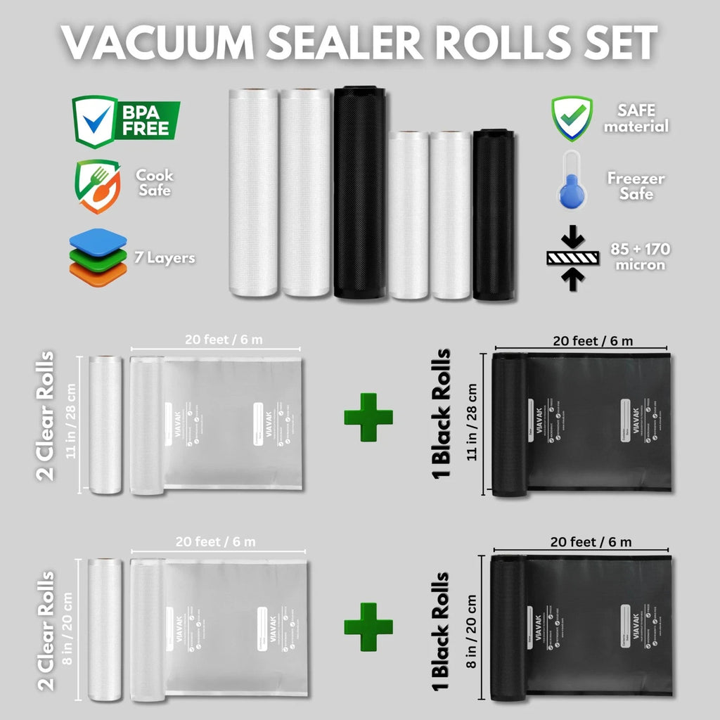 Viavak Vacuum Sealer Roll Set 6 Rolls: 3 (8" x 20') & 3 (11" x 20')7-Layer Thick