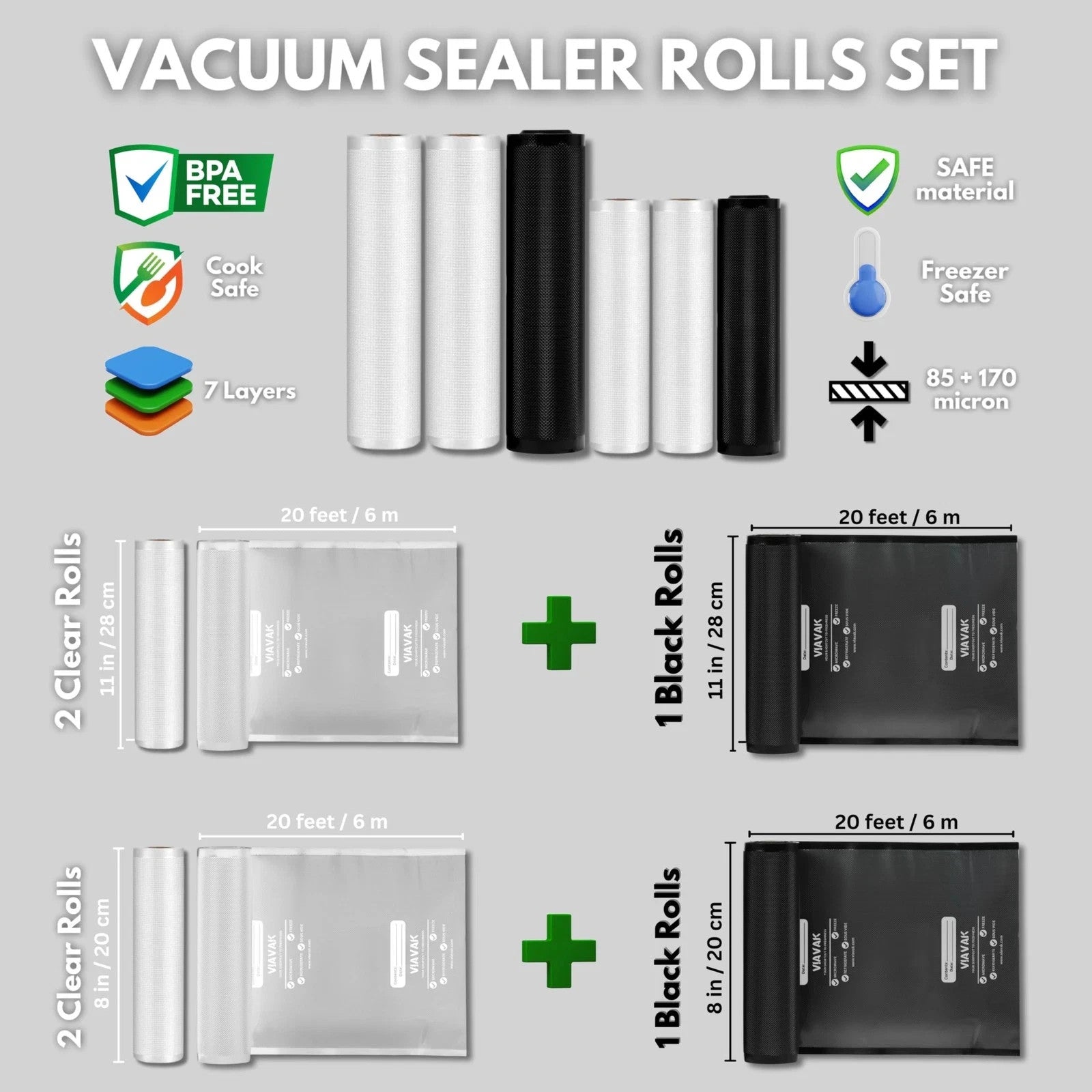 Viavak Vacuum Sealer Roll Set 6 Rolls: 3 (8" x 20') & 3 (11" x 20')7-Layer Thick