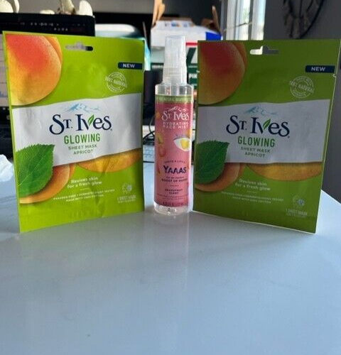 Lot of 3- St Ives Glowing Face Sheet Mask 100 % cotton Apricot Scent & Face Mist