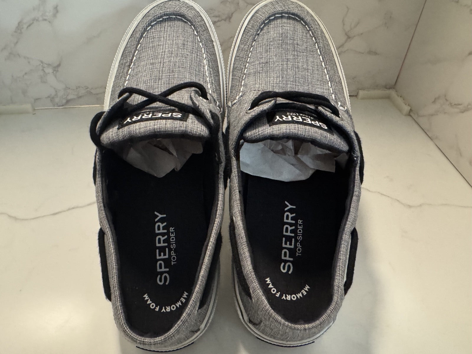 Sperry Top Sider M 9.5 M HALYARD 2-EYE Chambray Black Memory Foam Boat Shoes