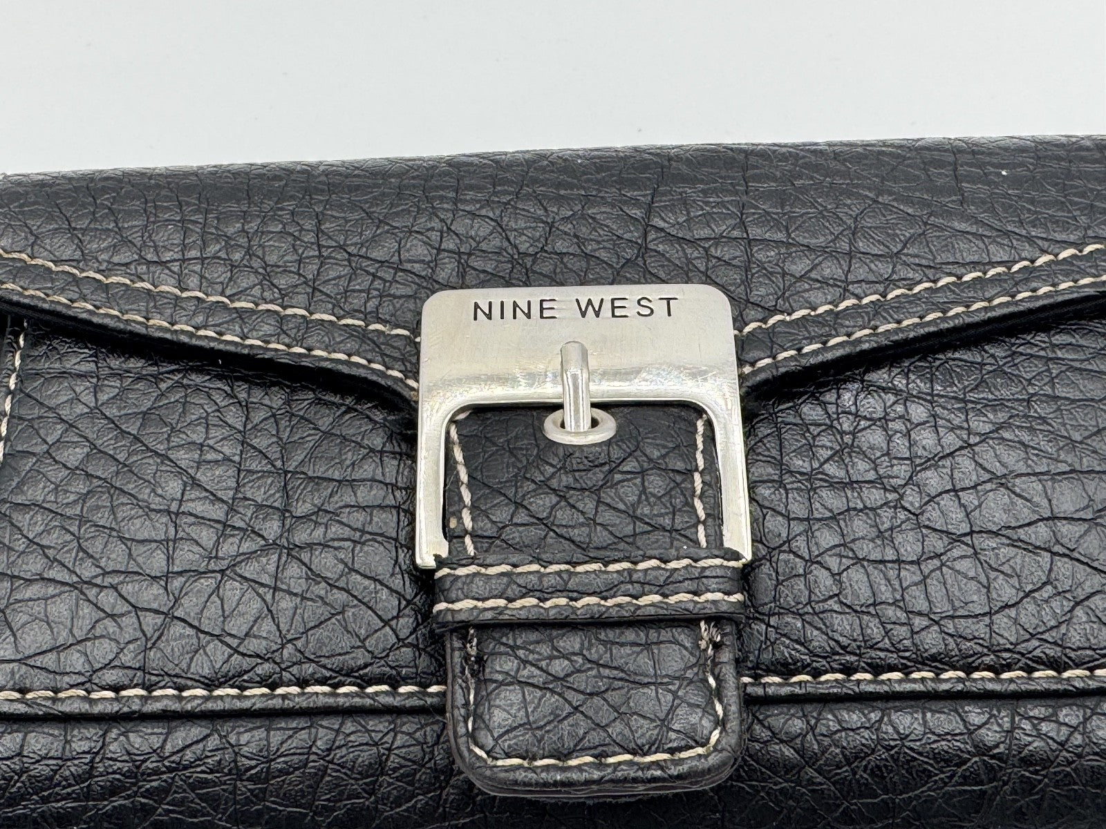Nine West Women's Black Leather Wallet Trifold Clutch Purse w. Buckle & Zipper