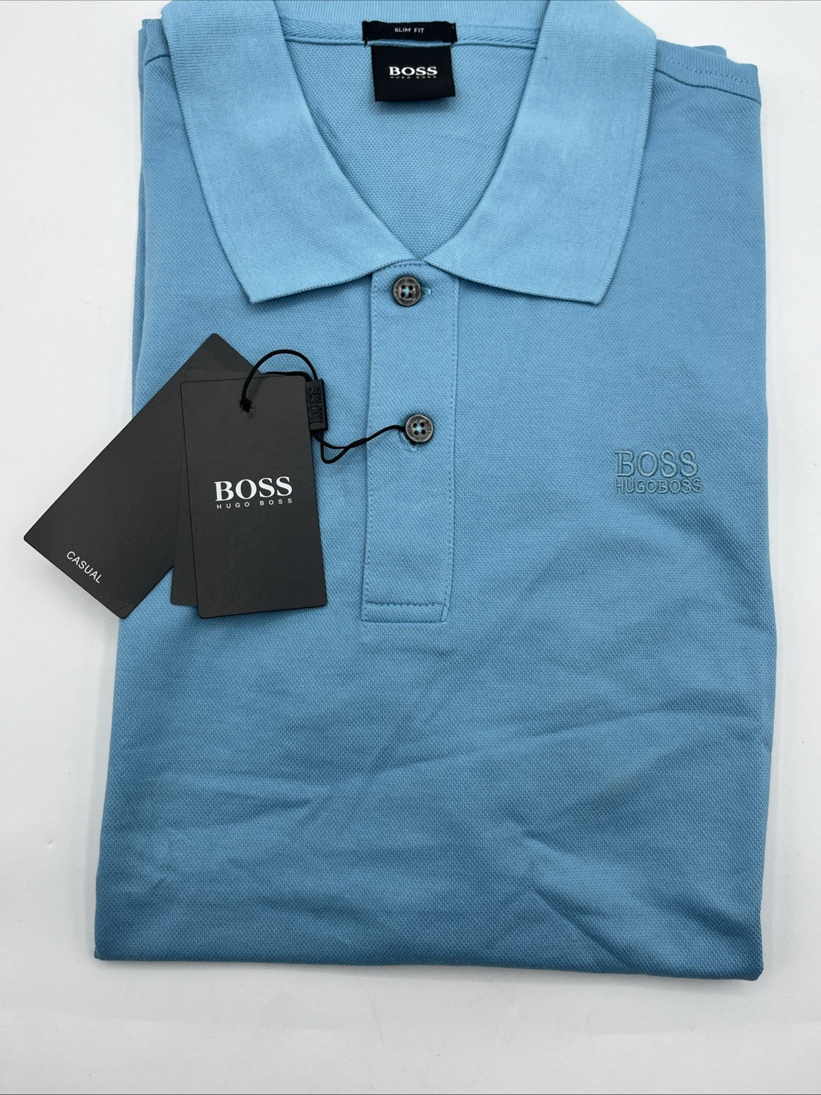 Authentic Hugo Boss Polo Shirt Slim Fit Light Blue / Blue Logo / Size XXL, NWT