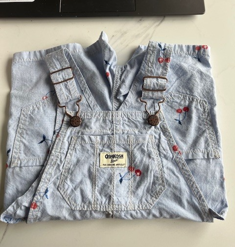 OshKosh B’Gosh Overalls Shortalls Baby/Kid Size 2T Light Blue W/Red Cherries NWT