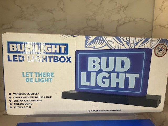 Bud Light LED Lightbox 12" x 2.5"Micro USB Power Man Cave Game Room Bar Gift NIB