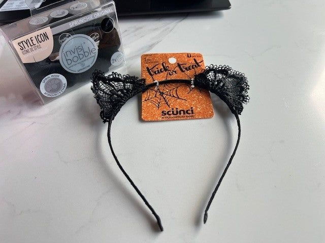 Scunci Halloween Lace Cat Ear Headband & 2 invisi bobble Scrunchie Black NWT