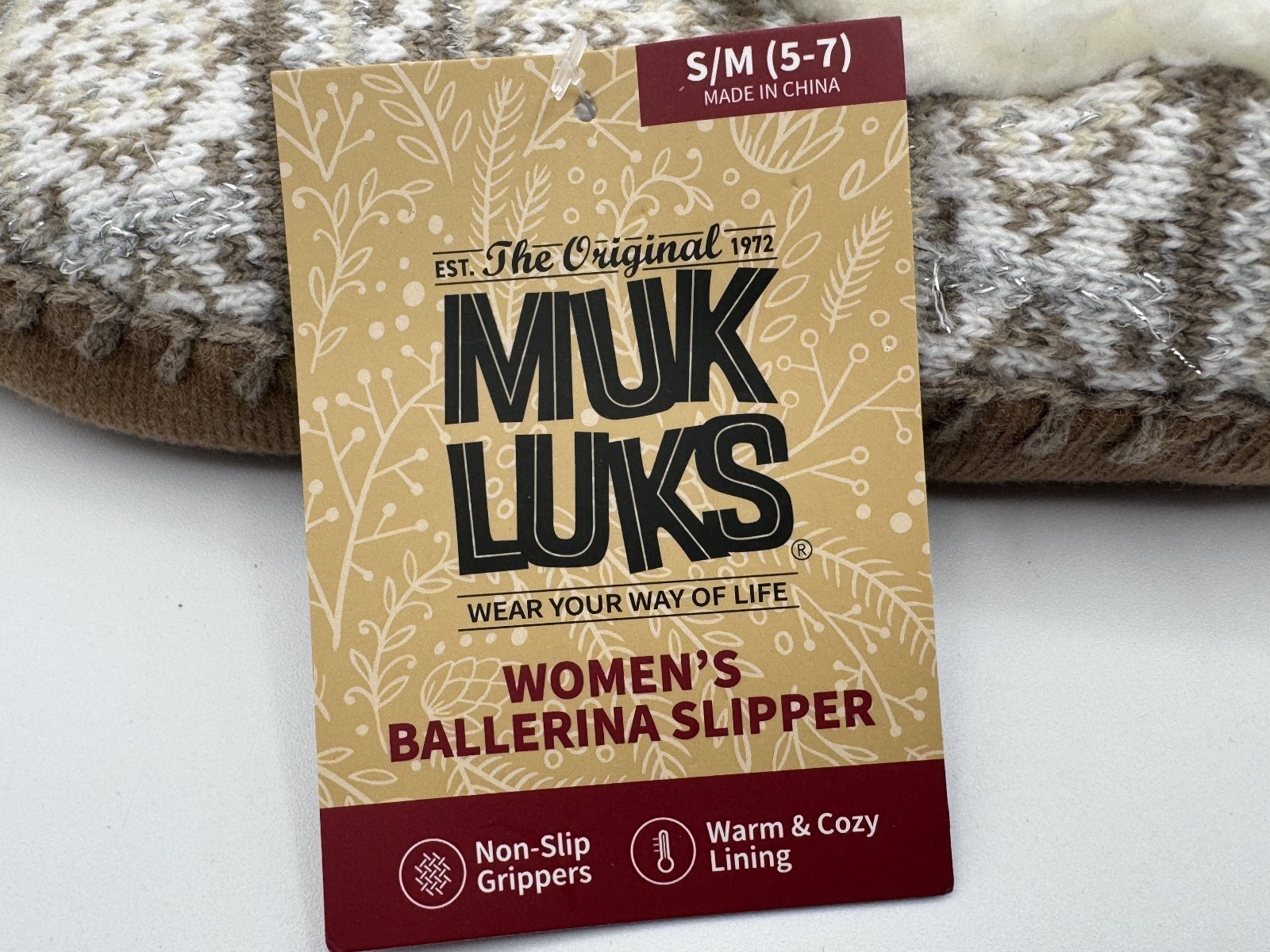 Muk Luks Women's Ballerina Warm & Cozy Slipper, White/Tan, S/M Size 5-7, New