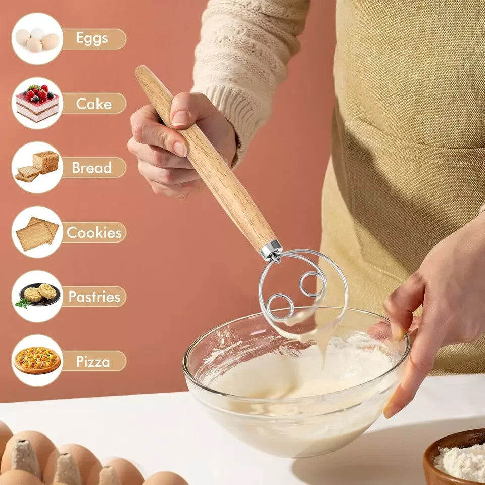 Original Danish Dough Whisk Dutch Style 13" Stainless Steel Lg. Wooden Hand NEW