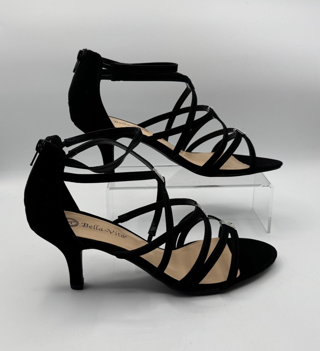 Bella Vita 11 Wide Width Black Strappy Heels Rhinestone Karlette Shoes. NIB
