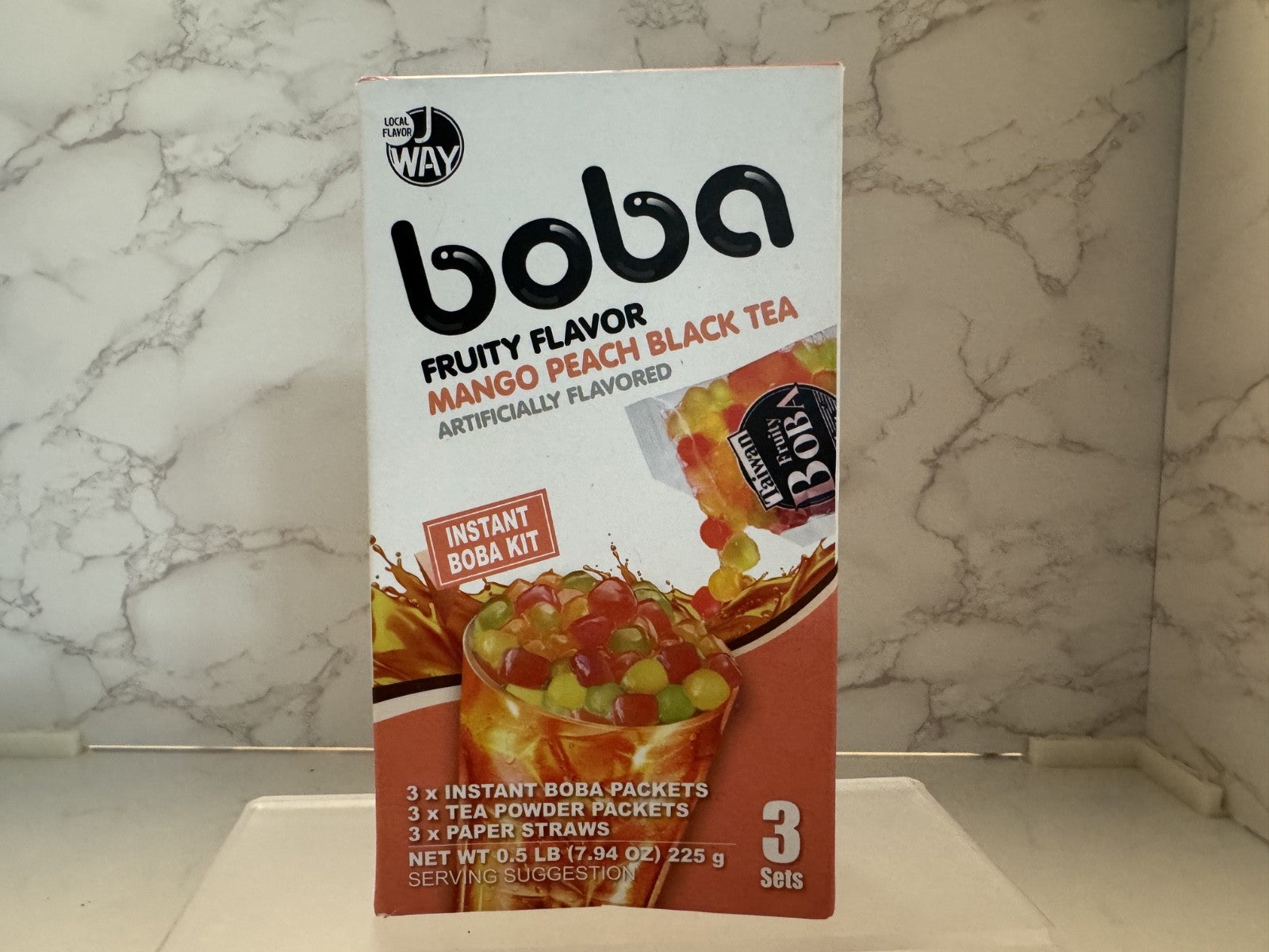 J WAY Instant Boba Bubble Pearl Mango Peach black Tea Kit, New Damaged Exp 2/26