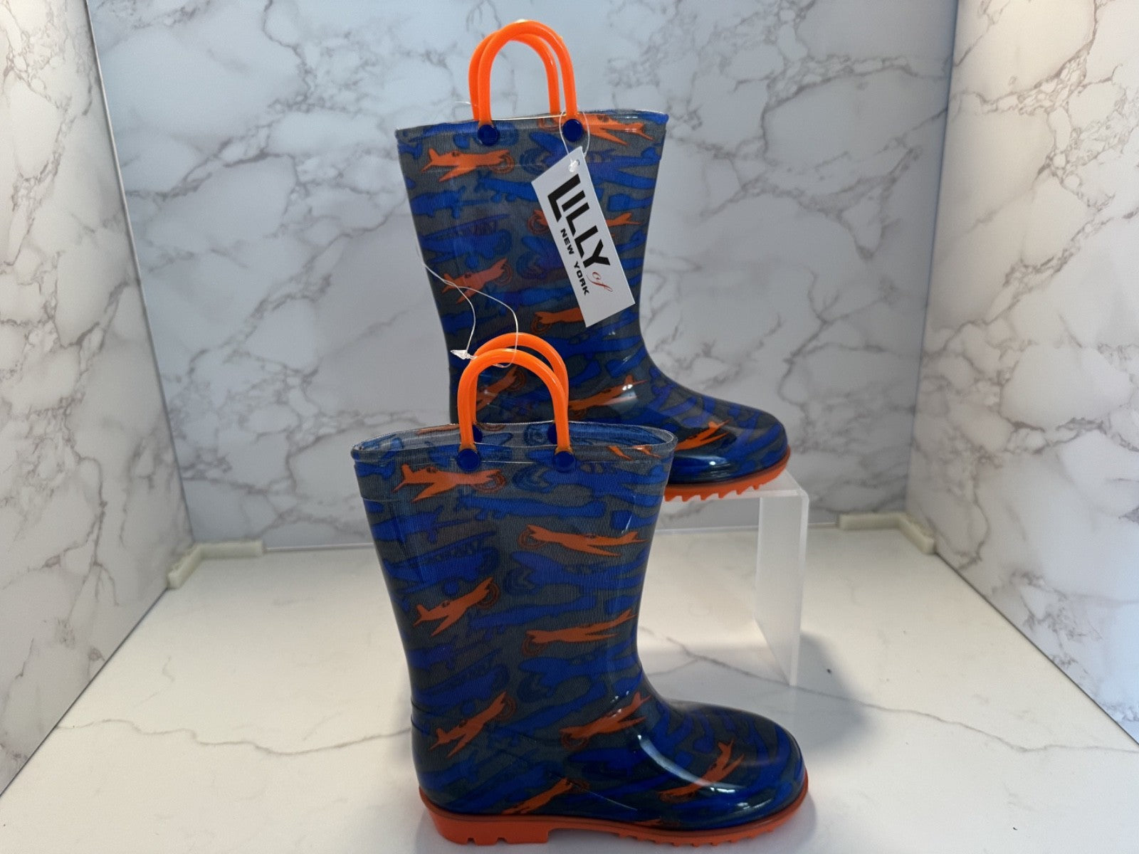 Lilly New York Rain Boots w/ Handle Youth Size 11 Orange & Blue with Airplanes