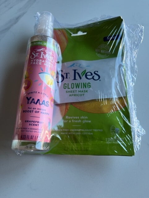 Lot of 3- St Ives Glowing Face Sheet Mask 100 % cotton Apricot Scent & Face Mist