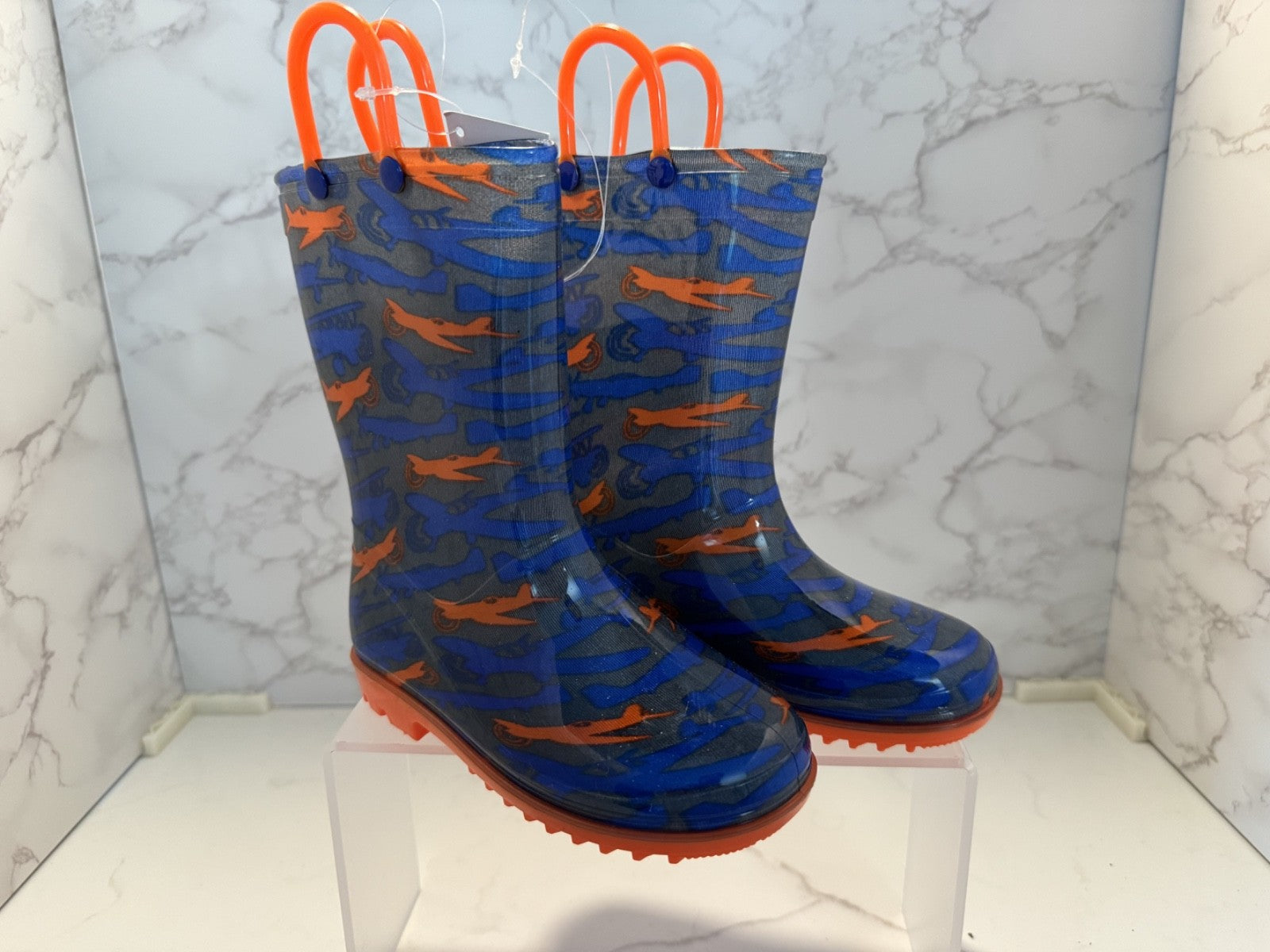 Lilly New York Rain Boots w/ Handle Youth Size 11 Orange & Blue with Airplanes