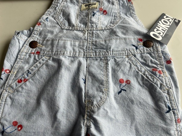 OshKosh B’Gosh Overalls Shortalls Baby/Kid Size 2T Light Blue W/Red Cherries NWT