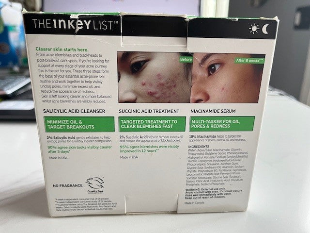 The INKEY List The Breakout 3-Pc Set Acne Skin Acid Treatment Cleanser Serum NIB