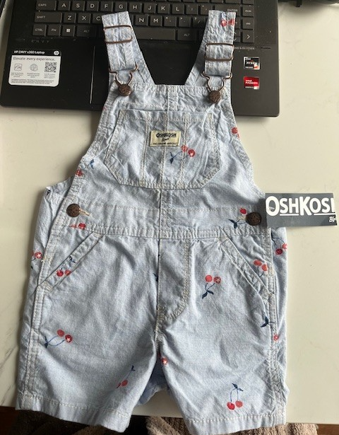 OshKosh B’Gosh Overalls Shortalls Baby/Kid Size 2T Light Blue W/Red Cherries NWT