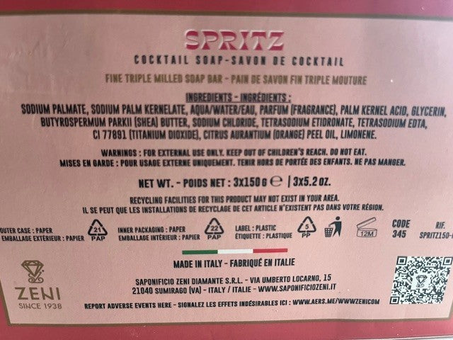 ZENI since 1938 Cocktail Soap SPRITZ Triple Milled ITALIAN 3 bars 5.2 oz each