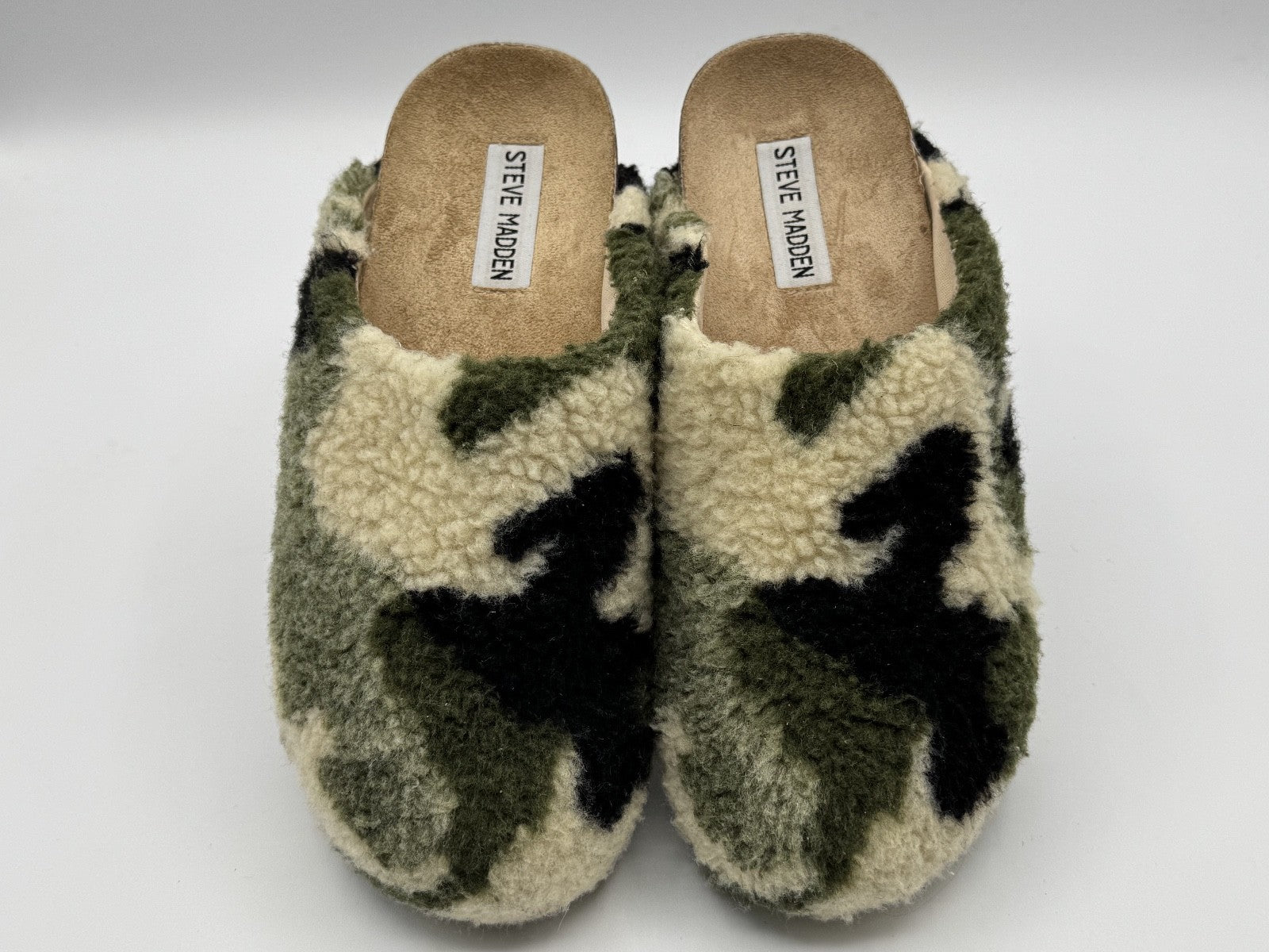 Steve Madden Women's 8 M Vesa Green Black Camouflage Sherpa Mule Slipper Clog