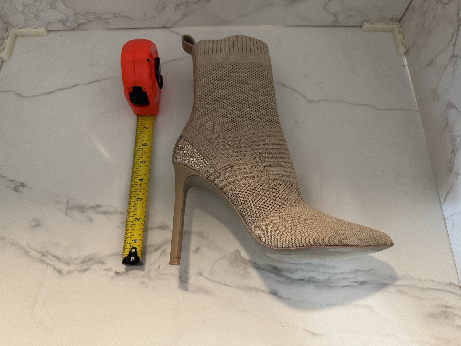 Steve Madden Maxwelle Beige Knit Sock Boot Heels Size 9M Rhinestone Heel New