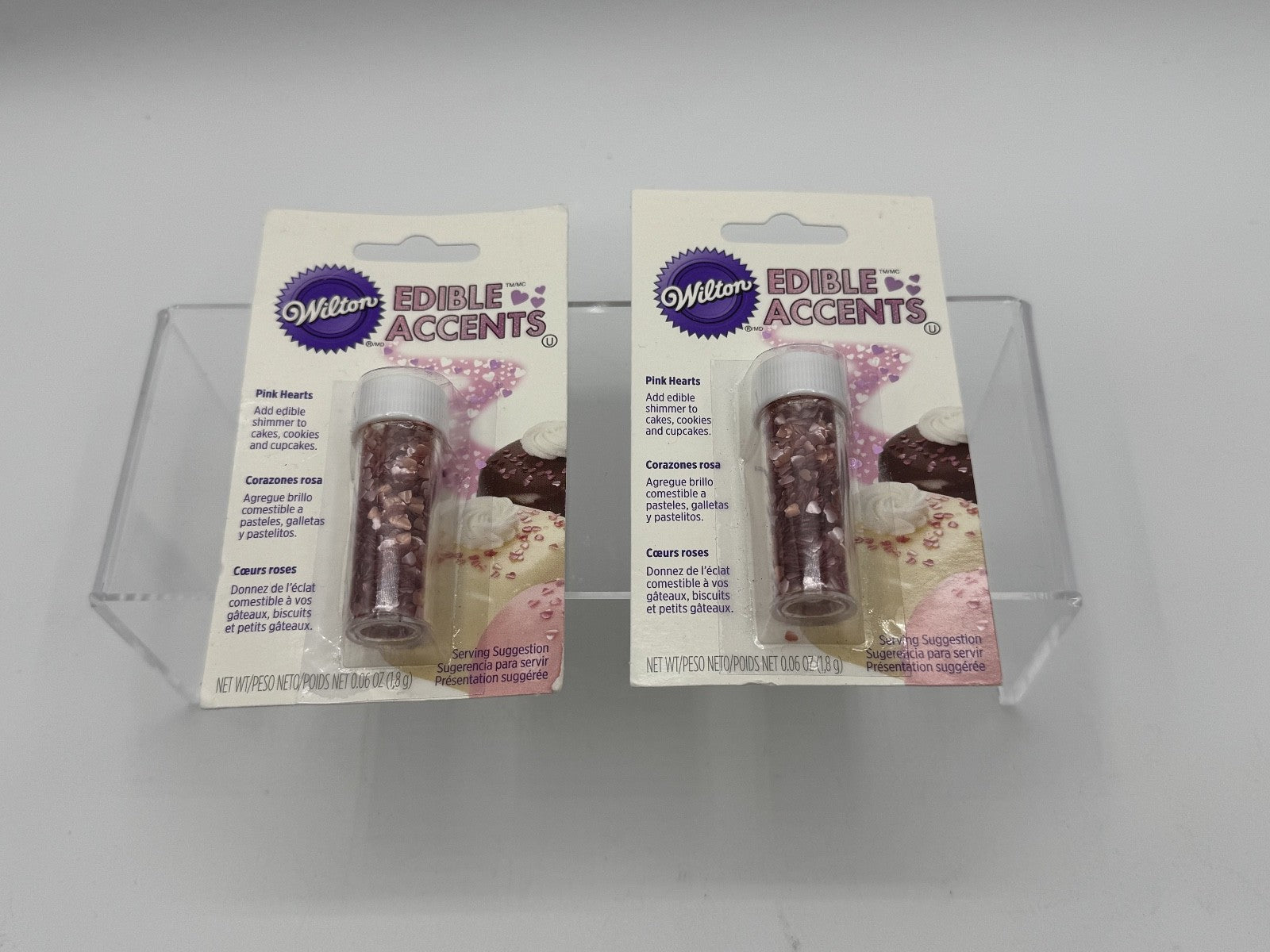2 pk. Wilton Edible Accents pink hearts .04ozs, for Baking, Cookies, Cakes, NEW