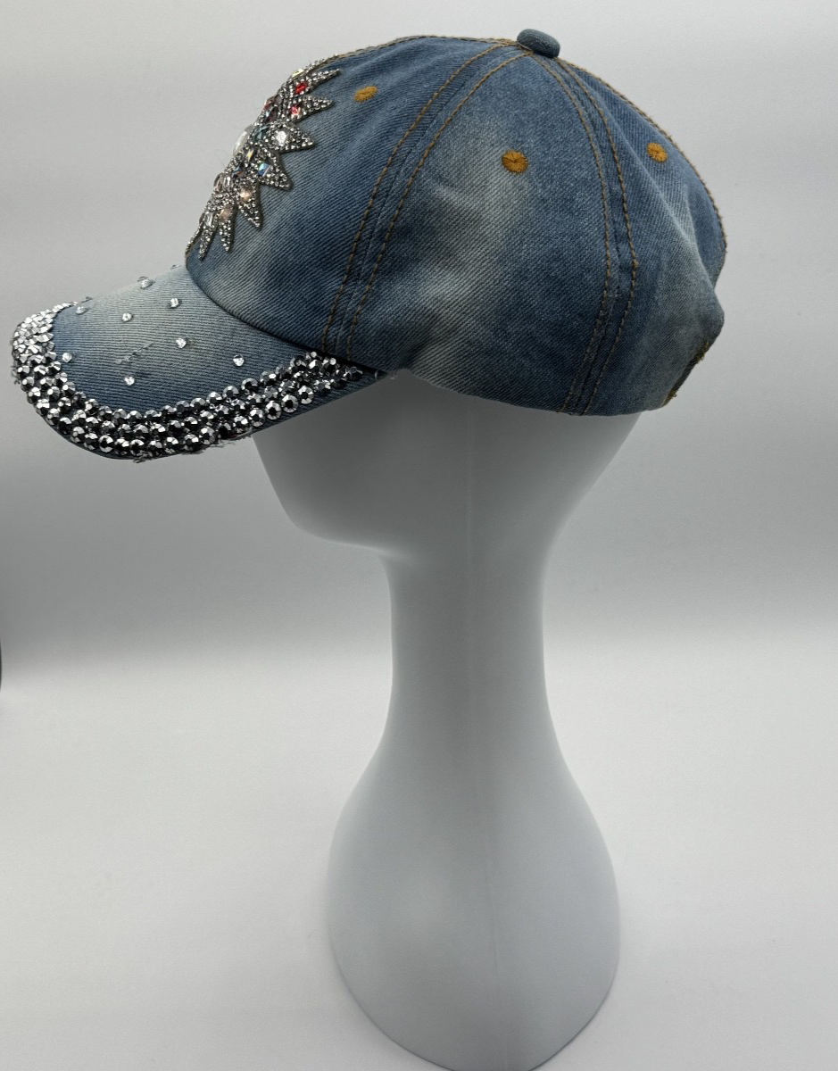 Bedazzled Denim Rhinestone, Size 4 Cap Adjustable Strap Hat 100% Cotton, Pre-own
