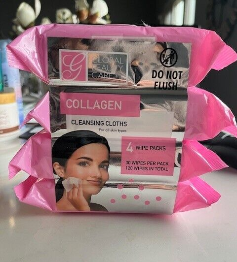 4 Pk Global Beauty CARE COLLAGEN CLEANSING CLOTHS 30/Pk=120 ALL Skin NEW SEALED