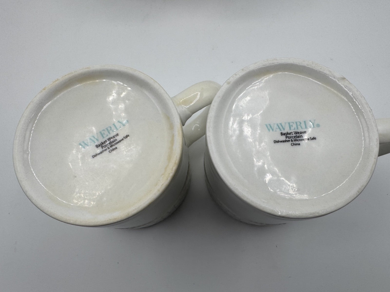 4- Vintage Waverly Mugs Fine White Porcelain Basket Weave Pattern Pre-owned