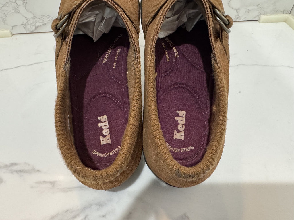 Keds Spring Steps  Woman's Suede Slip on Shoe Tread Softly, Brown, Size 8.5