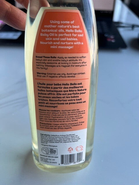 Hello Bello Premium Baby Oil Lightweight Nourishing Softening Plant Based 9.5 oz