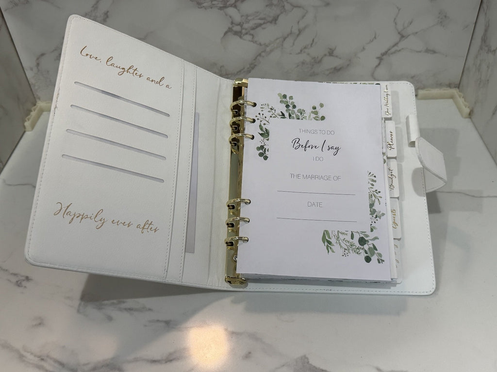 Wedding Planner Book and Organizer for The Bride White Faux Leather, Gold Foil
