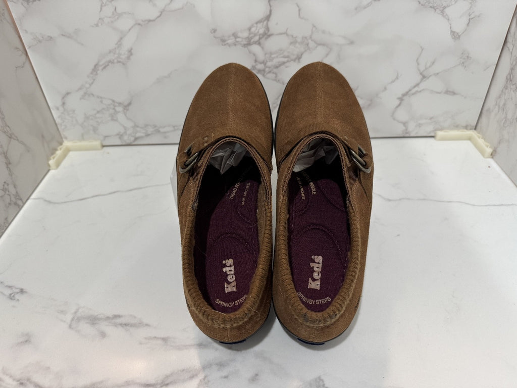 Keds Spring Steps  Woman's Suede Slip on Shoe Tread Softly, Brown, Size 8.5