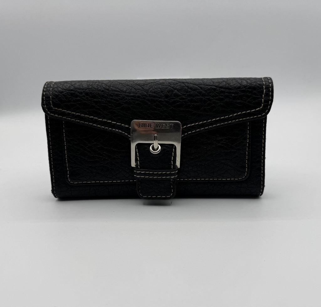 Nine West Women's Black Leather Wallet Trifold Clutch Purse w. Buckle & Zipper