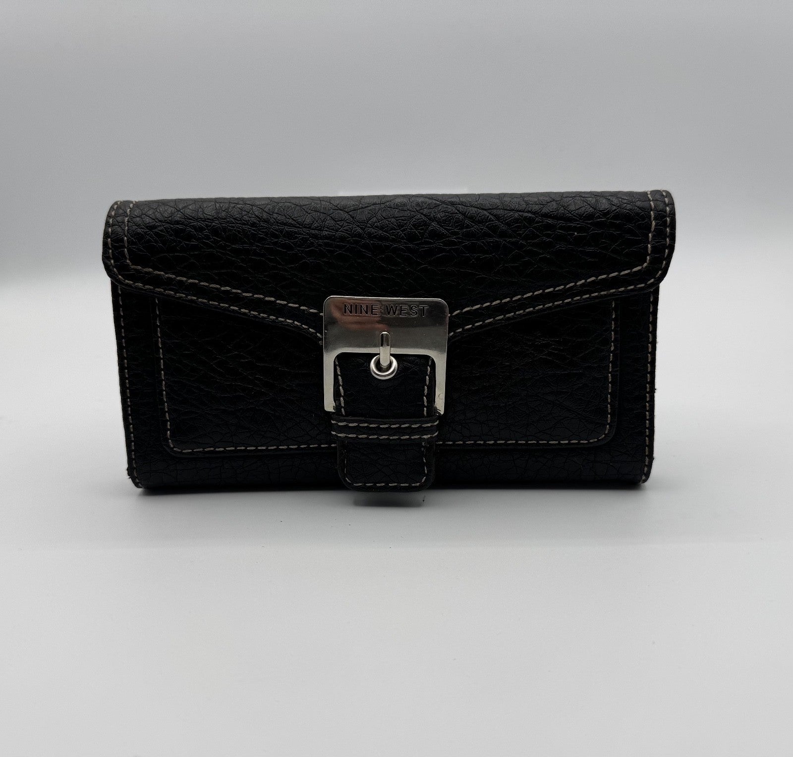 Nine West Women's Black Leather Wallet Trifold Clutch Purse w. Buckle & Zipper
