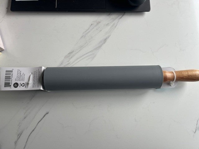 R & M Silicone Rolling Pin w/Wooden Handle for Baking, 9.75 in. GRAY, Non Stick