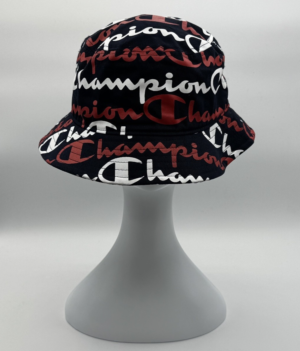 Champion Logo Script Bucket Hat L/XL Navy Blue All Over Print, Summer Head NWOT