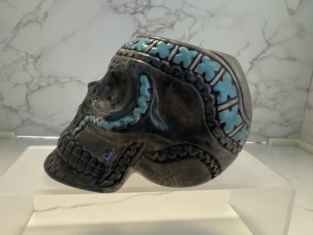 Glass Ceramic Sugar Floral Skull Grey & Teal Halloween Decor No Damage BRAND NEW