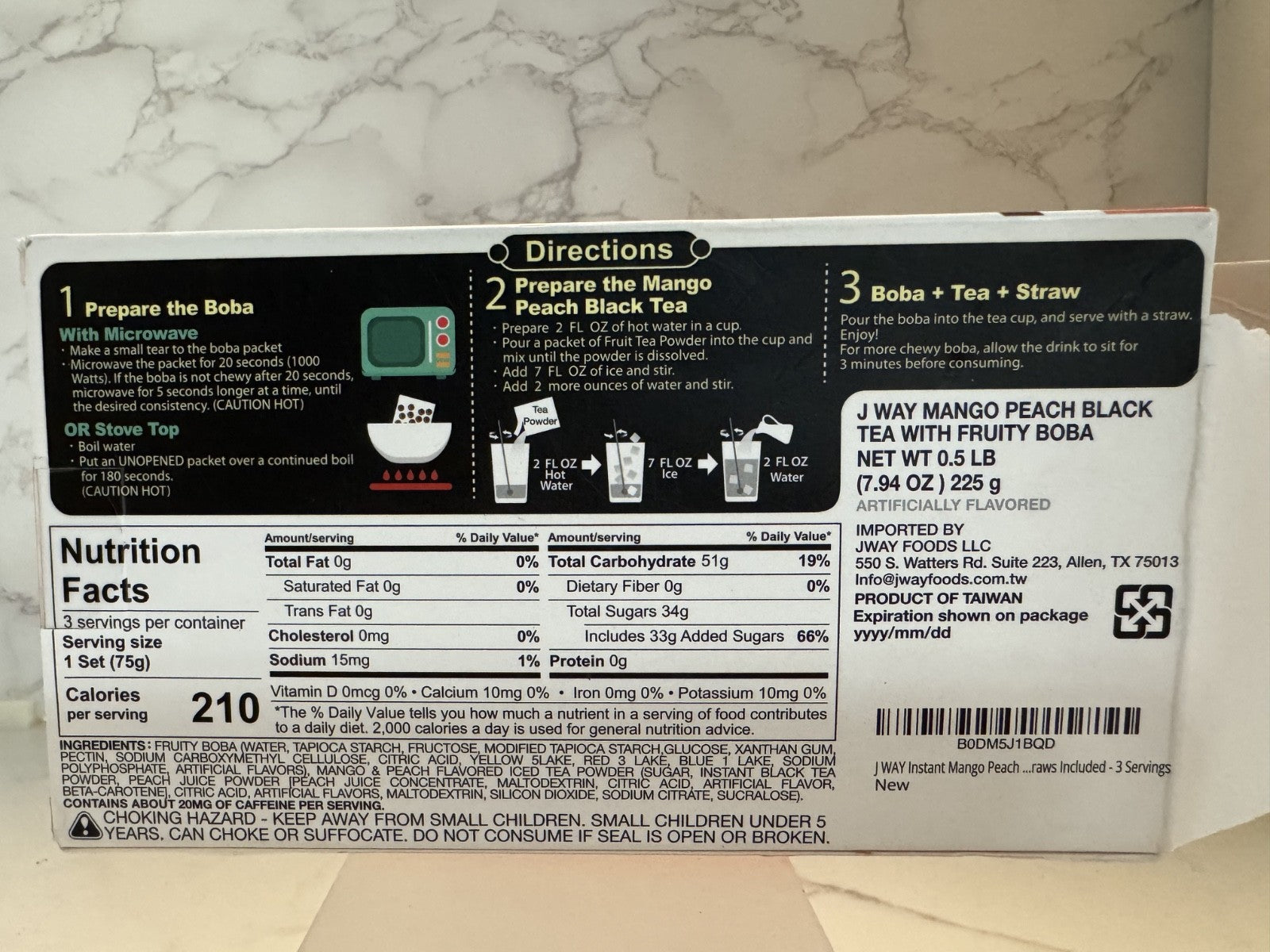 J WAY Instant Boba Bubble Pearl Mango Peach black Tea Kit, New Damaged Exp 2/26