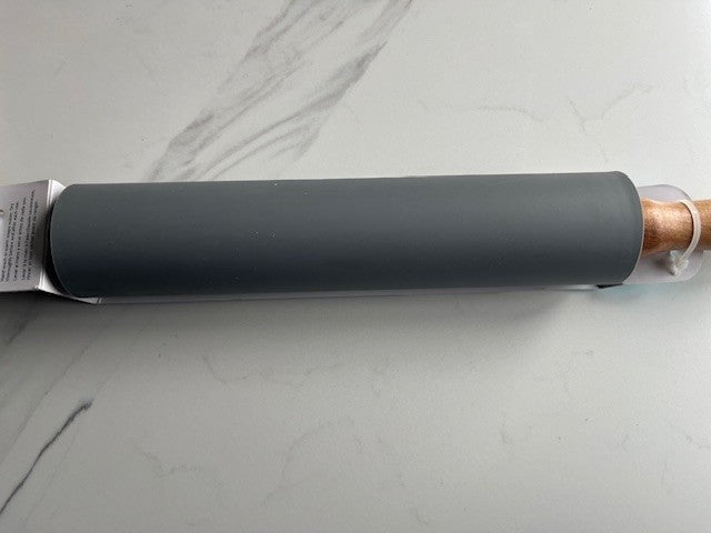 R & M Silicone Rolling Pin w/Wooden Handle for Baking, 9.75 in. GRAY, Non Stick