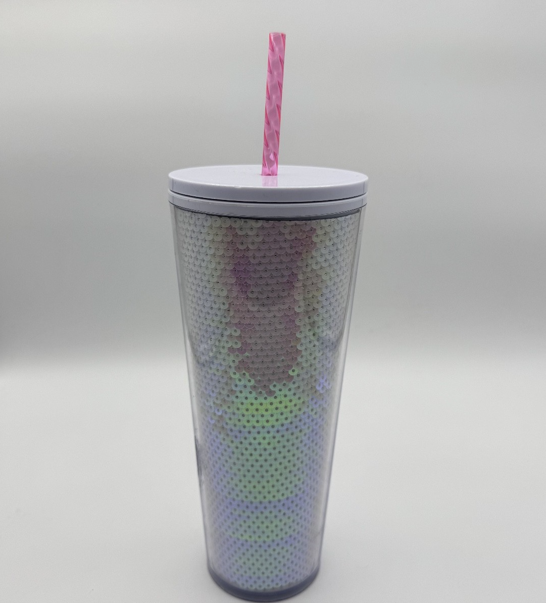 Starbucks 2020 Holiday White Pink Sequins 24oz  Cup Tumbler w/ New Straw