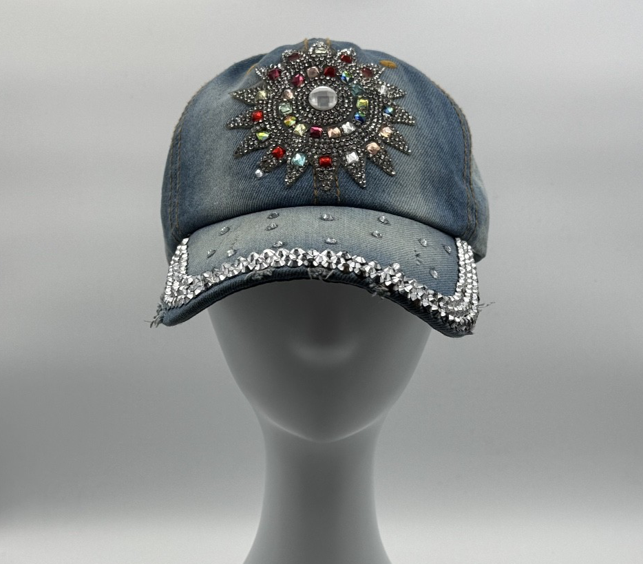 Bedazzled Denim Rhinestone, Size 4 Cap Adjustable Strap Hat 100% Cotton, Pre-own